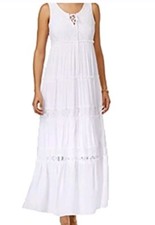 NY Collection Lace Up Maxi Size M Casual Beach White Tiered Dress NEW #C