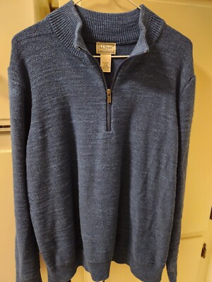 Mens L L Bean Knit Sweater Blue Quarter Zip Up Size XL 100% Cotton