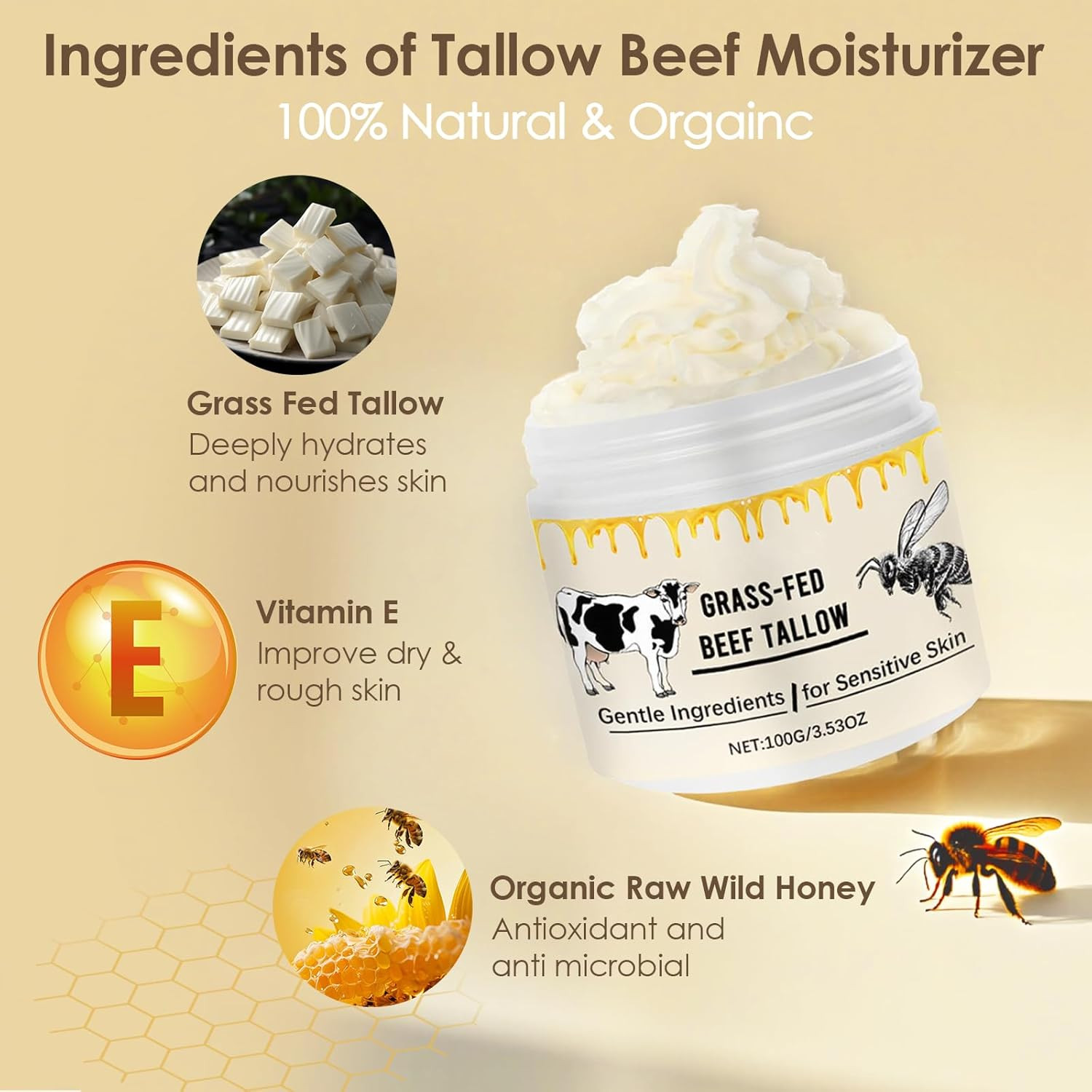 Whipped Beef Tallow for Skin Organic Grass Fed Beef Tallow and Honey Moisturizer