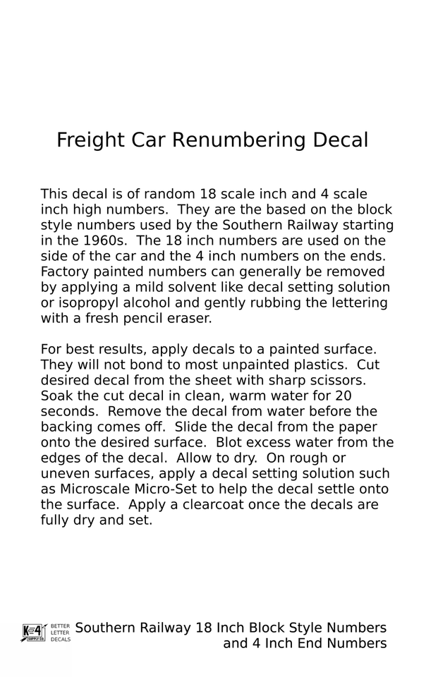 K4 Z Scale Decals Southern Railway 18 Scale Inch Block Freight Car
