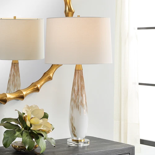 Elegant White Art Glass Mottled Metallic Gold Table Lamp 29 in Contemporary - Picture 2 of 7