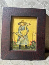 Bobbi Becker "Holding The Goosey" Primitive Folk Art Watercolor Painting -Framed