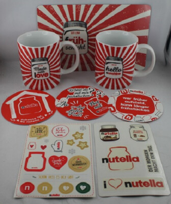 RAR!!! 8 TEILIGES NUTELLA SET - ROT/WEISE TASSEN - BRETT - UNTERSETZER -STICKER