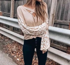 BiBi leopard sleeve nude boutique tunic top S