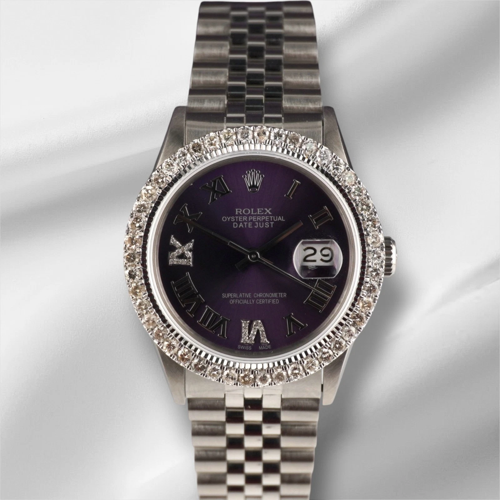 Rolex — Rolex Men's Datejust 36mm Jubilee Steel Watch ICED 2.50ct Diamonds Purple Dial
