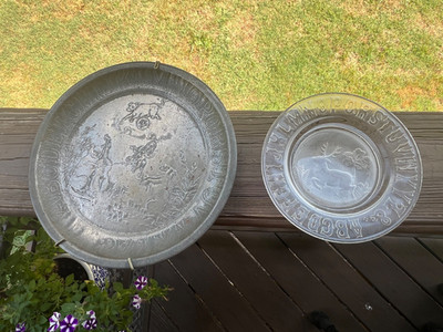 TWO Vintage ABC Collector Plates 1 embossed deer Glass & 1 Tin Hi Diddle Diddle