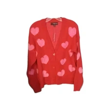 NWT Red Sweater Fuzzy Pink Hearts Cardigan M Kidcore Valentines Cottagecore 