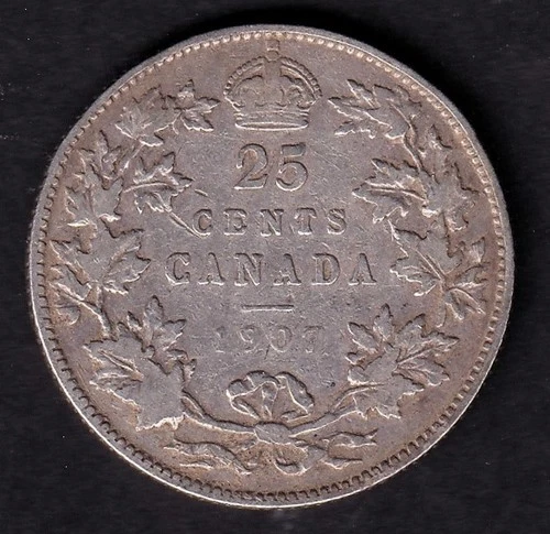 Canada 1907 25c Twenty Five Cent Silver Quarter King Edwards VII VG .925 Silver