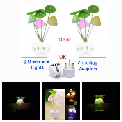 2 Stück mit UK Adapter Romantische LED Nachtlichter Pilz Lichtsensor UK Stecker