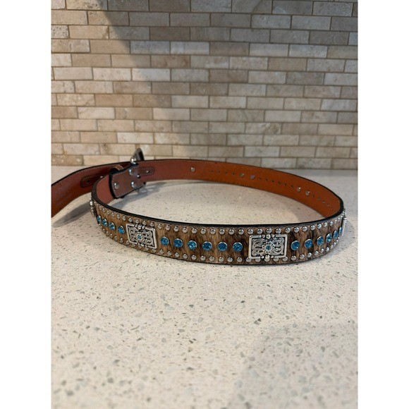 Nocona Belt Co Genuine Leather Hair On Hide Western Belt Turquoise Concho Sz 36 View 2