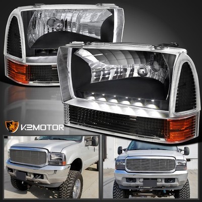 Fits 1999-2004 Ford F250 F350 Excursion LED Strip Black Headlights+Bumper Lamps