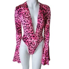 Long Flare Sleeve Animal Print Bodysuit Stretch Deep V-Neck Pink NWOT S M L