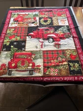 Red Truck Collage Christmas Fabric Panel, By the Yard, Quilting Crafting Sewing