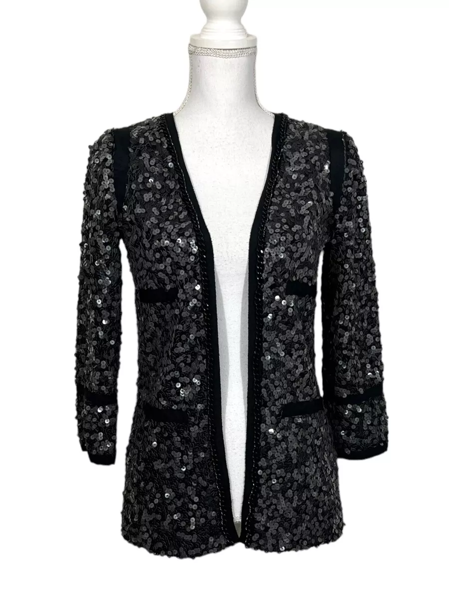 Rachel Zoe XSmall Open Front Sequin Jacket Chain Trim Pockets Size