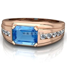 Blue Topaz Emerald Cut With 925 Sterling Silver Gold Plated Ring For Men's #27 *
