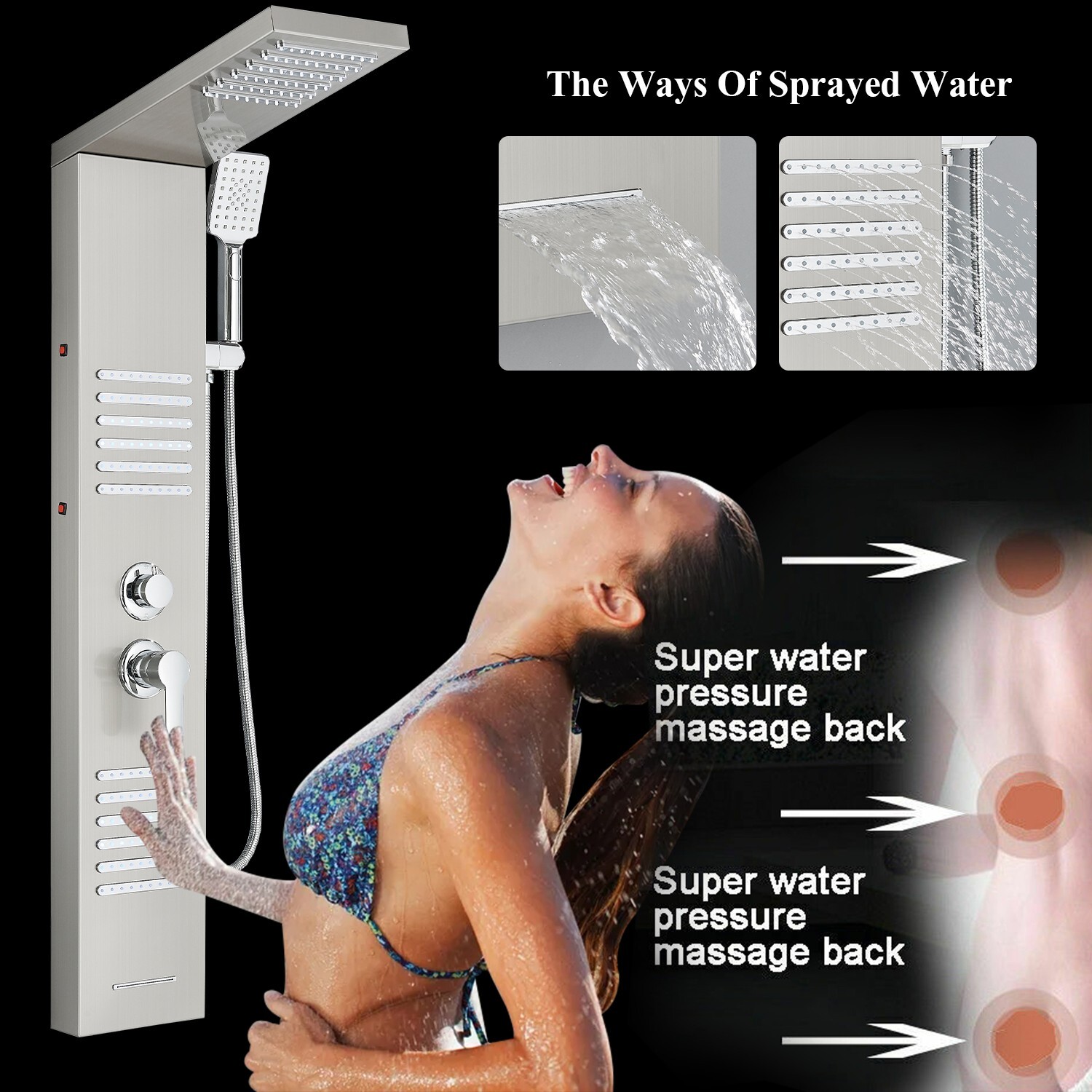 LED Brushed Nickel Shower Panel Tower System Rain&Waterfall Head W/Hand Shower
