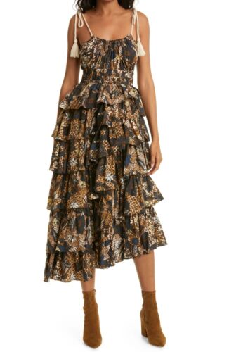 Ulla Johnson Estela Tiered Ruffle Cotton Asymmetric Midi Dress in Bronze Size 6 - Foto 1 di 7