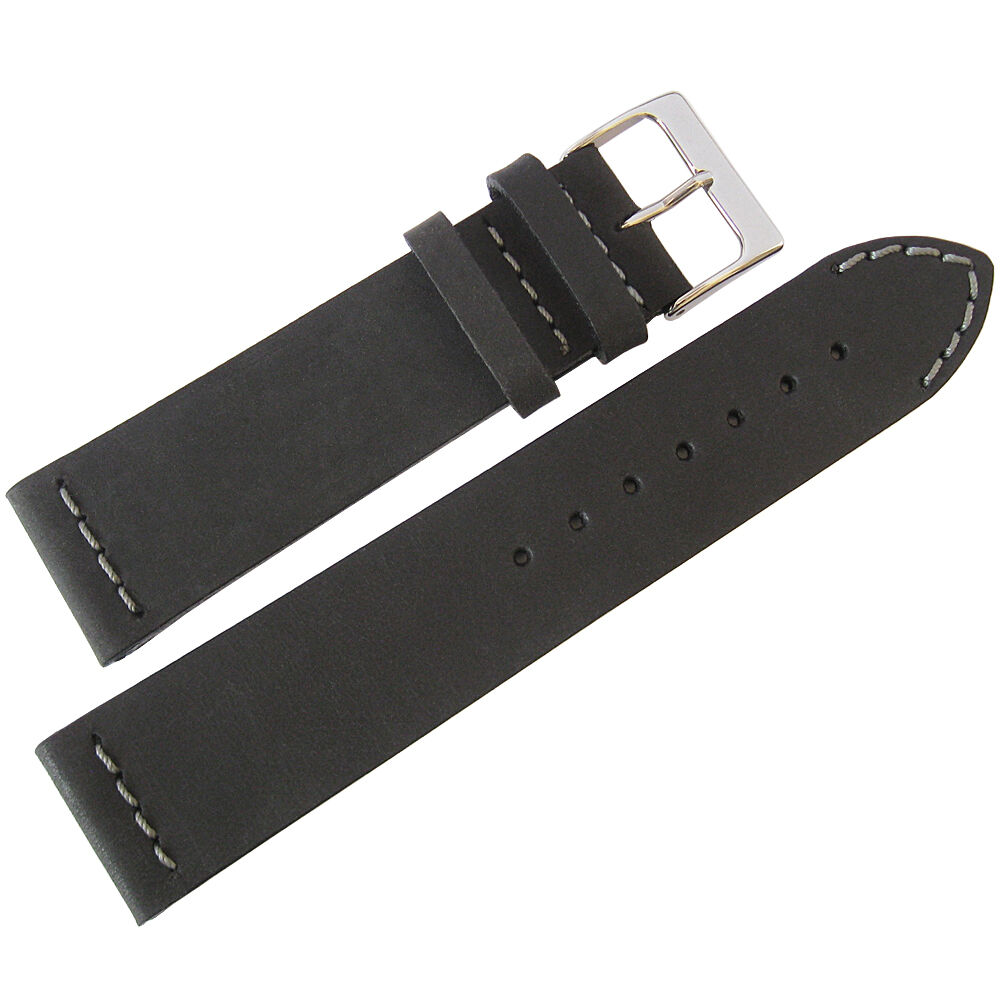 20mm ColaReb Venezia LONG Black Leather GREY Stitch Italy Made Watch Band Strap