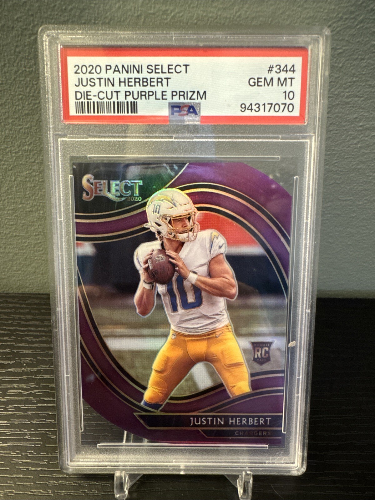 2020 Panini Select #344 Justin Herbert Field Level Die Cut Purple Prizm PSA 10