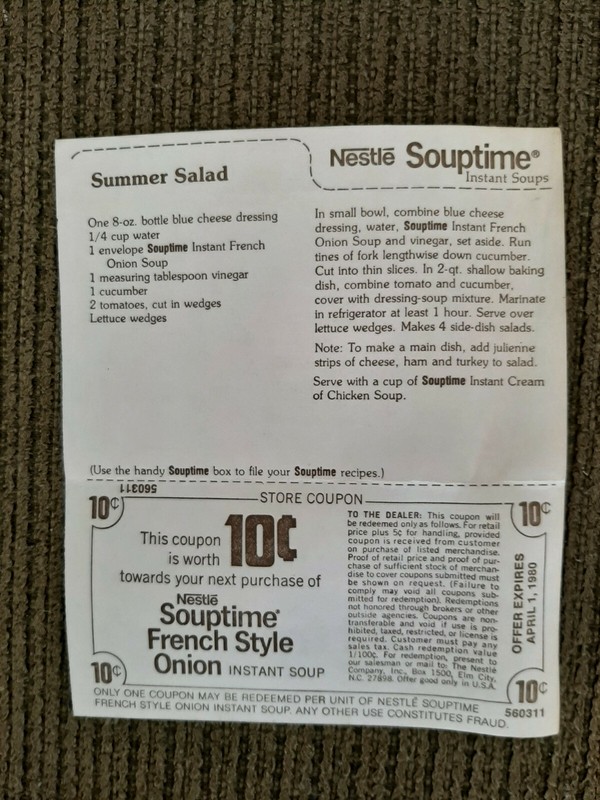 1980 vintage coupon Nestle Souptime complete with recipe and thank you note