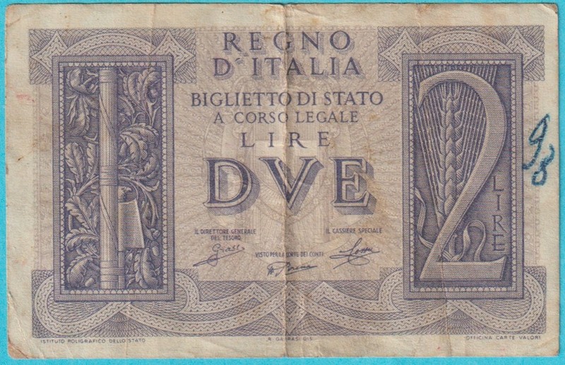 1939  ITALY 2 LIRE    BANK NOTE  P#27 ** SHIPS FREE