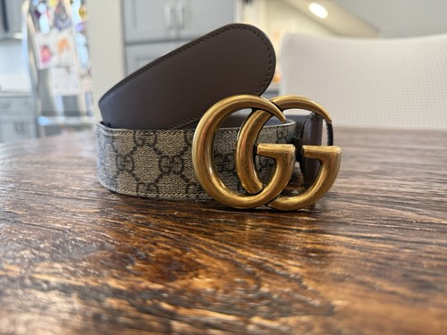 Authentic Gucci GG Supreme Double G Buckle Belt Brown Leather Size 95-38