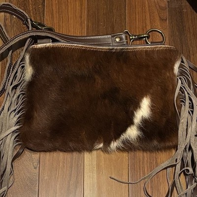 Women s Brown Fringe Crossbody Bag Hair-On Hide Front Zip Detachable Strap