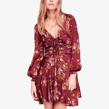 Free People Burgundy Floral Print Smocked Waist Long Sleeve Mini Dress 6