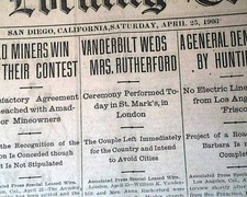 WILLIAM KISSAM VANDERBILT & Anne Rutherford Marries Wedding Weds 1903 Newspaper