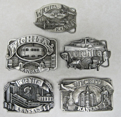 Wichita KS set of 5 Commemorative Limited Ed Belt Buckles 1982 thru 1986