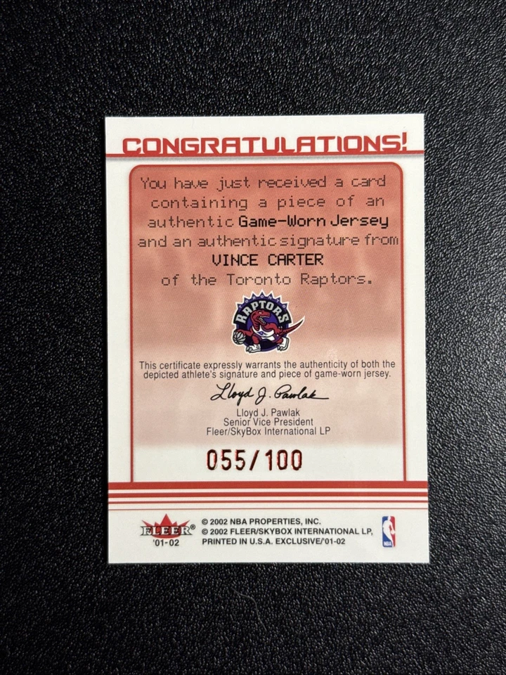2002 Fleer Skybox Vince Carter Ruby Game Worn Patch On Card Auto /100  - Image 2 of 2