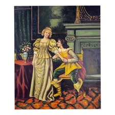 Square Hand Painted Oil on Canvas 50x60 CM Made in Italy A Couple Love