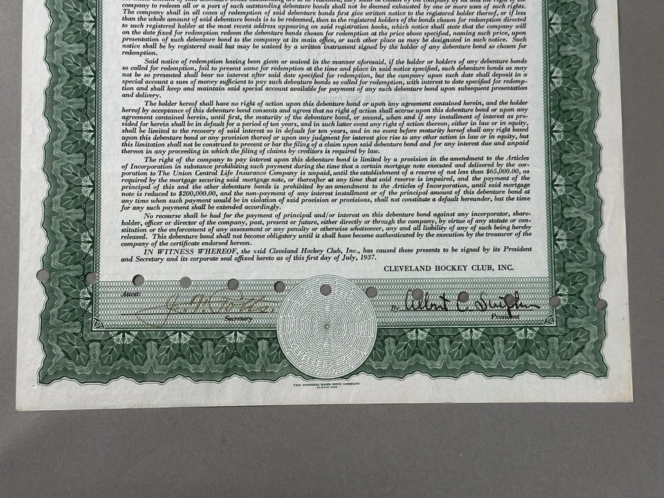 VTG 1937 Cleveland Ohio Barons Hockey Club 15 Year Bond American Hockey League - Image 3 of 4