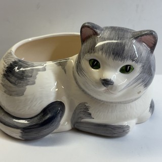 Vintage Ceramic Cat Planter Gray White Green Eyes Mid Century Pottery Kitty