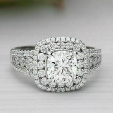 3.5Ct Cushion Lab Created Diamond 14K White Gold FN Double Halo Engagement Ring