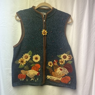 Vintage Tiara International Fall Chickens Sweater Vest Pumpkin Womens L 90s