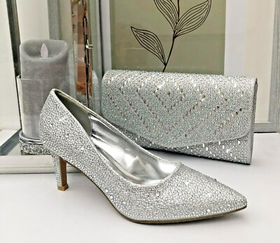 Ladies Silver Diamante Medium Heel Pointed Toe Court Shoe
