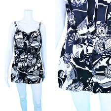 Vintage 1970s Swimsuit Black White Abstract Print One Piece Bathing Suit W 32"