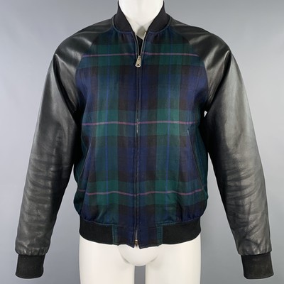PAUL SMITH Größe M Schwarz Grün Blau Kariert Leder Rand Bomber Jacke