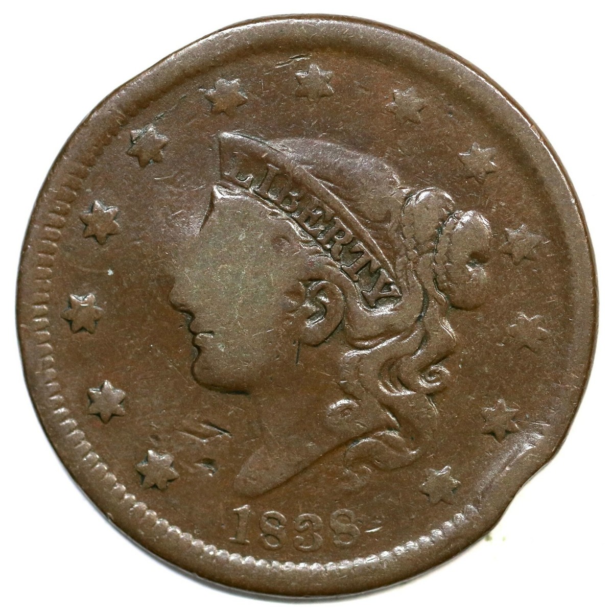 1838 N-7 R-1 Mint Error Split Planchet Matron or Coronet Head