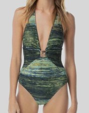  120 Vince Camuto Women's Green Striped Plunging Halter One-Piece Swimsuit SZ 14