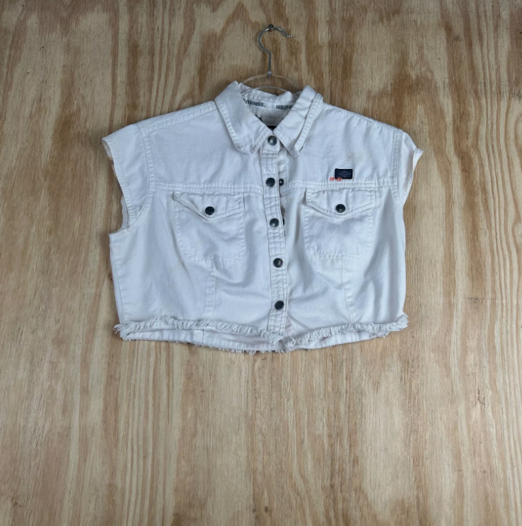 Y2K Harley Davidson Button Up Denim Collared Women's Cropped Top Size M White