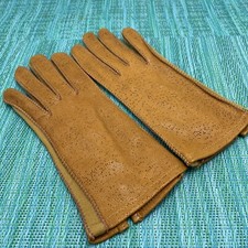 Brown Leather Gloves w Button Womens Stretch Side Inserts Vtg 40 23