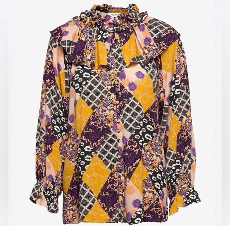 Hofmann Patchwork Floral Ruffle Button Up Blouse … - image 1