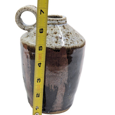 VTG Studio Art Pottery Oil-Ginger Beer-Whiskey Jug w/Handle Glazed Earth Tones