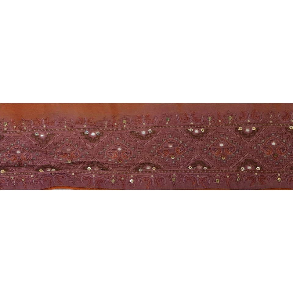 Sanskriti Vintage 1 Yd Sari Border Hand Beaded Craft Trim Sewing Brown Lace - Imagem 2 de 4