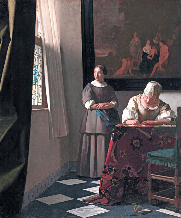 LADY WRITING A LETTER WITH HER MAID 1670 DUTCH PAINTING BY VERMEER