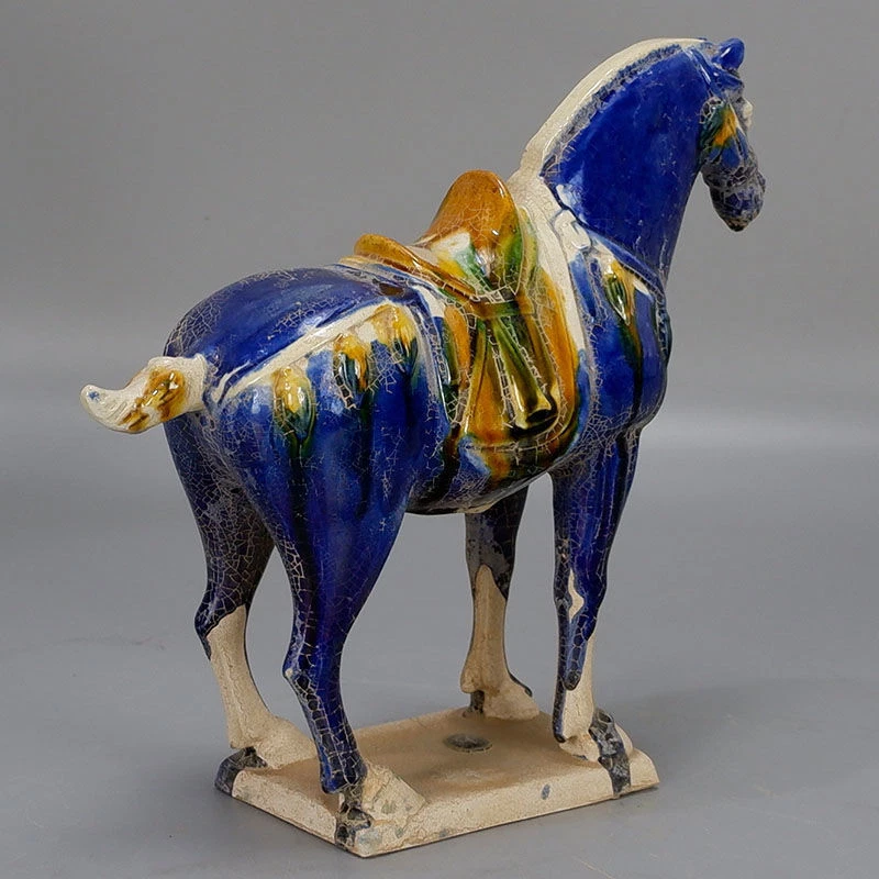 9" Chino Tang Tri-Color Esmaltado Cerámica Azul Caballo de Guerra Porcelana Estatua Regalo Foto 3 de 4