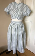 Vintage 1940s Style Two Piece Co Ord Crop Top Skirt Green Seersucker Stripe Set