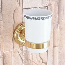 Wall Mount Bathroom Gold Color Brass Toothbrush Holder With Ceramic Cup 2ba590